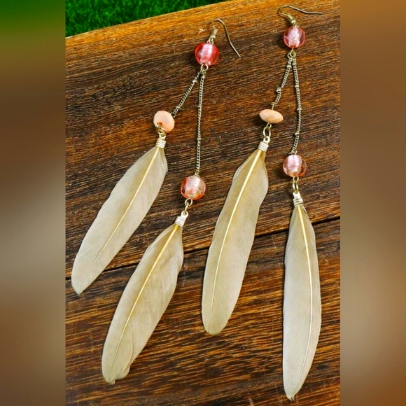 Jewelry - Bohemia Dangle Drop Feather Earrings NWOT Pink and Silver Stainless Steel New